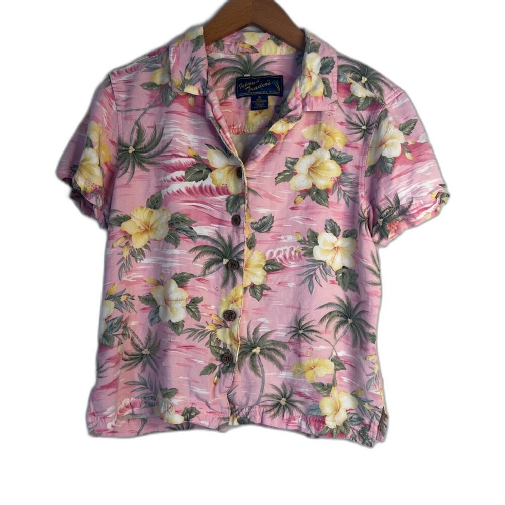 Island Traders Pink Floral Hawaiian Tropical‎ Short Sleeve Button Front Shirt MD